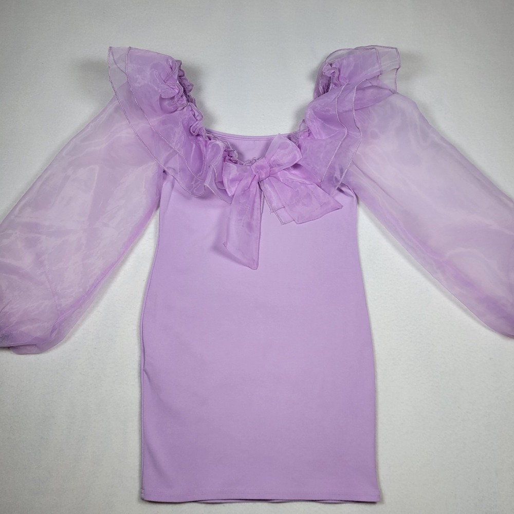 Youth Sheer Sleeve, Ruffled Collared Lavender Party Dress, Size 11/12